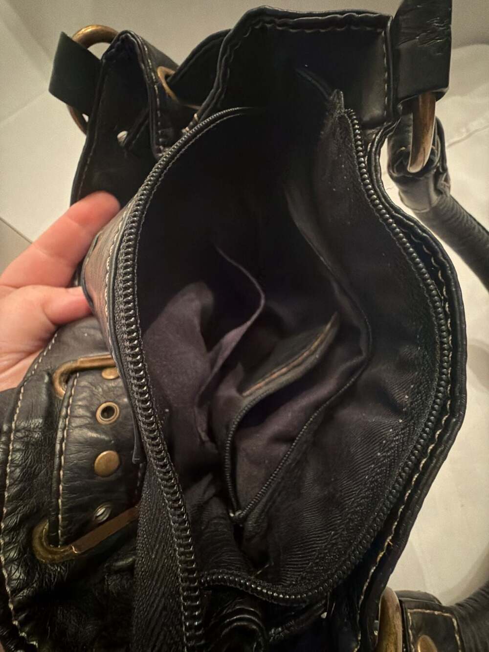 D&G Dolce & Gabbana Striped Leather Hobo Handbag Black Brown - Picture 4 of 5